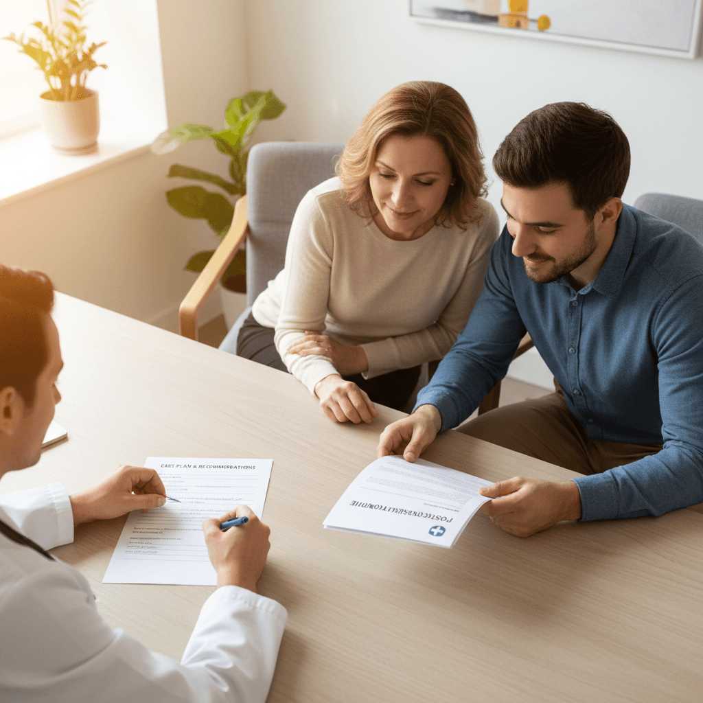Physician writing care recommendations for patient