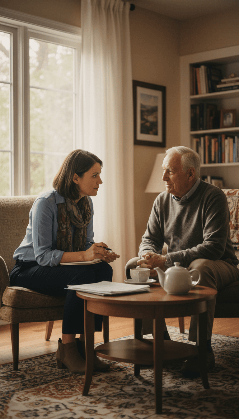 Physician having a focused one-on-one consultation with an older adult in a calm home setting