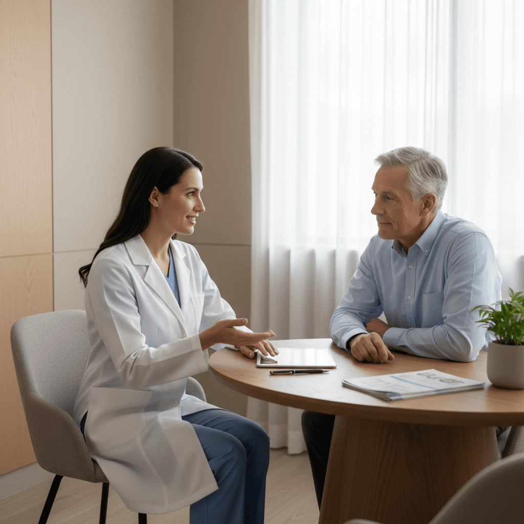 Physician explaining care options to patient and family