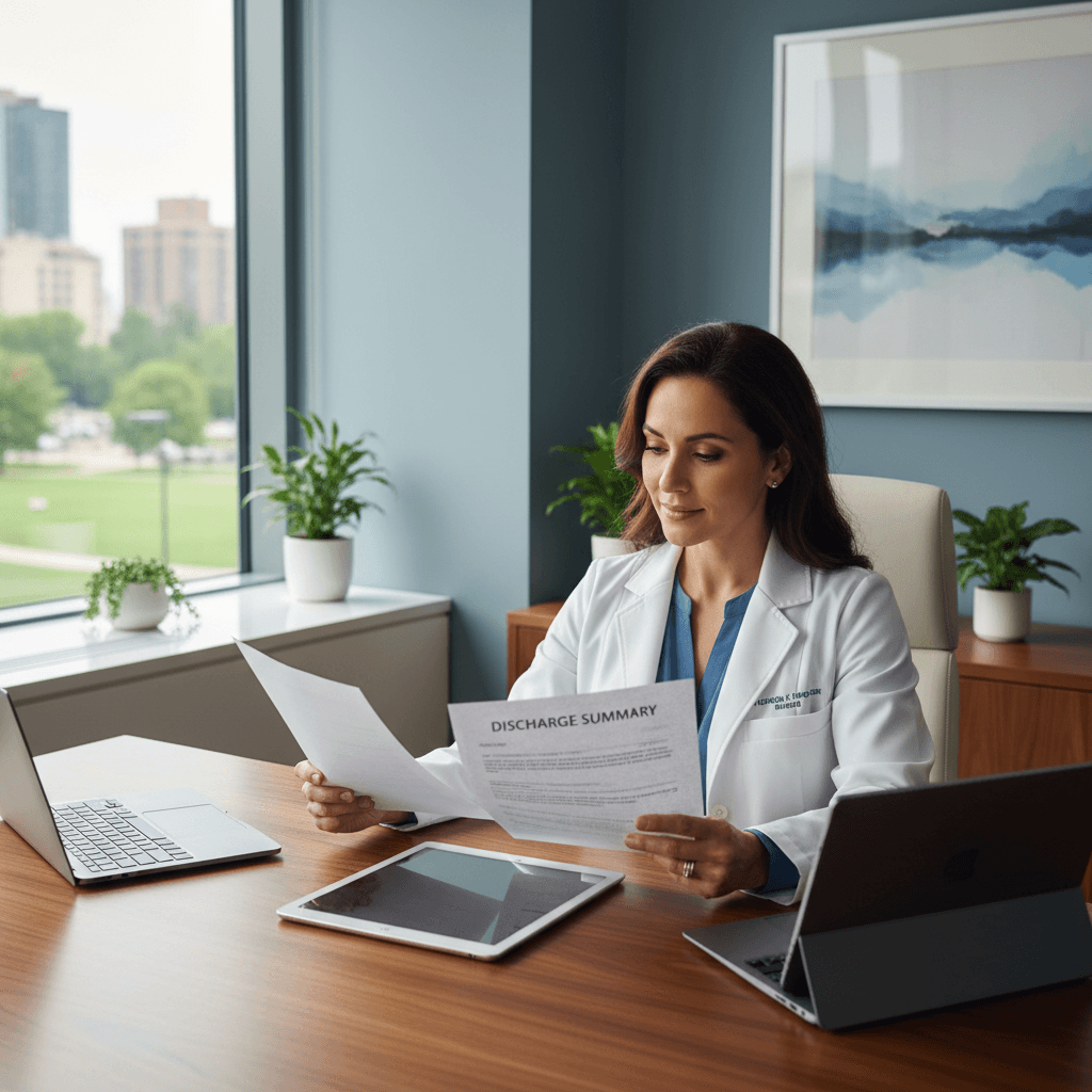 Physician reviewing home health discharge paperwork