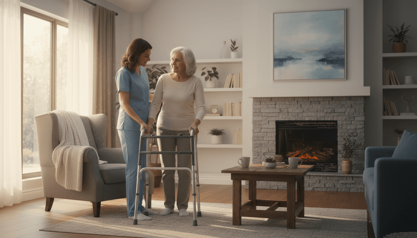 Caregiver supporting patient in a calm, comfortable home environment with warm lighting