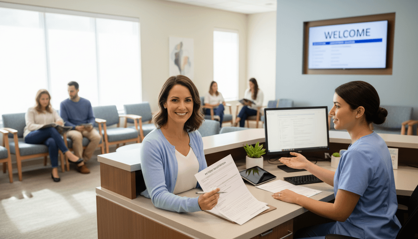 Professional medical office setting with warm lighting and organized patient intake workspace