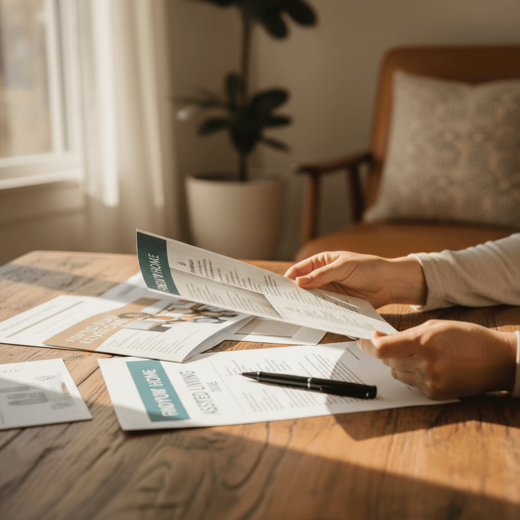 Educational materials about assisted living options on a table