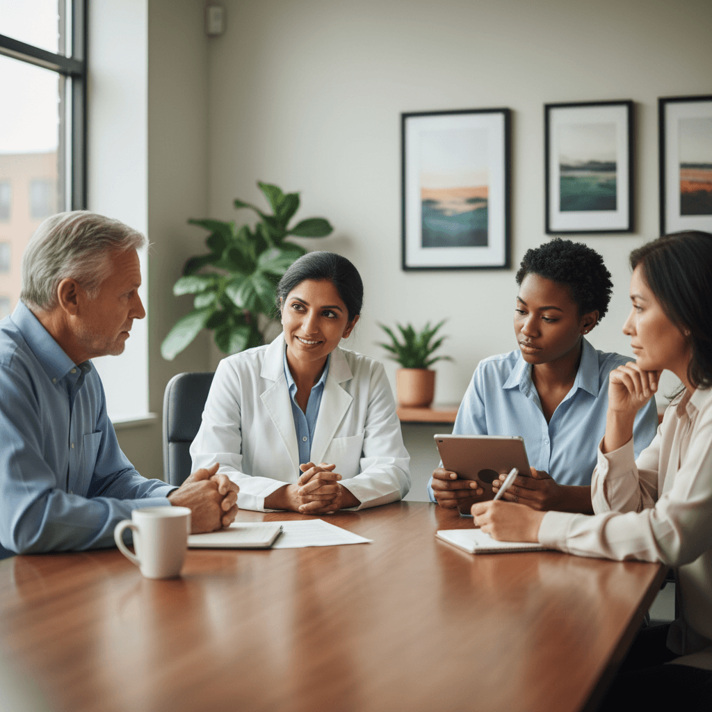 Physician answering questions from patient and family