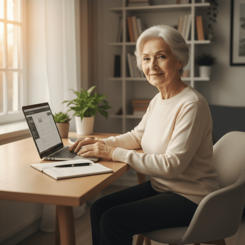 Smiling senior woman with white hair using a laptop at a desk in a bright room.