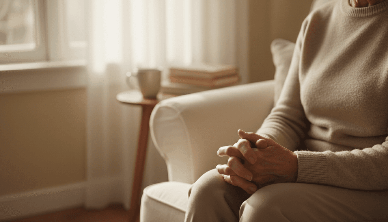 Peaceful moment of an older adult at home, bathed in natural light