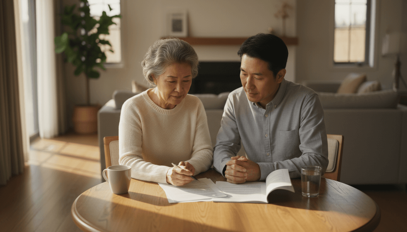 An older adult and adult child having a calm, supportive conversation about care options at home