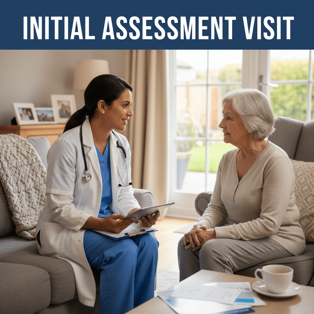 Healthcare professional consulting with an elderly woman at home for an initial assessment visit.