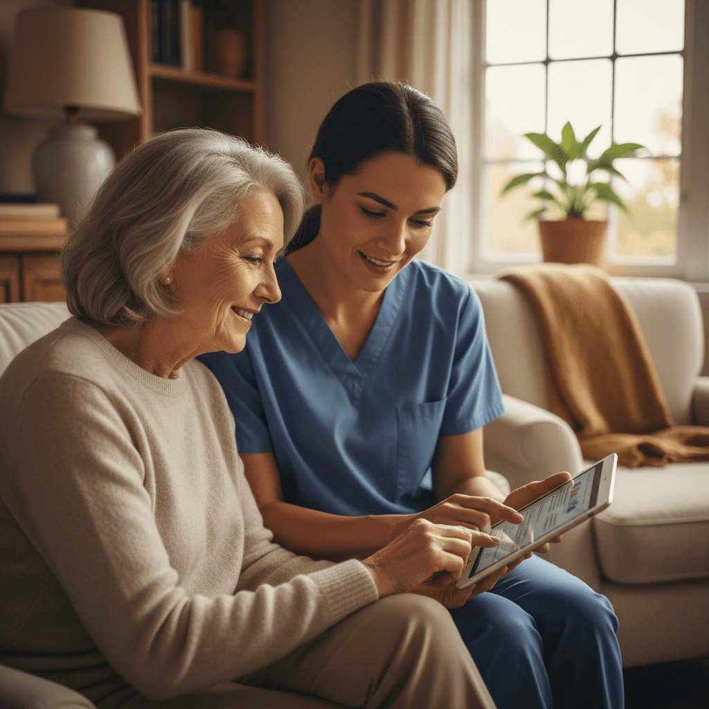 Physician consulting with senior patient at home about care options