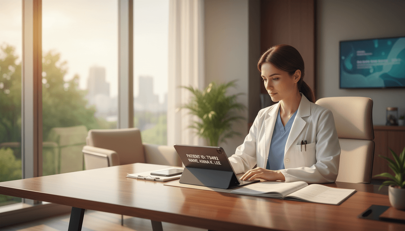 Physician reviewing medical records in a calm, professional healthcare environment