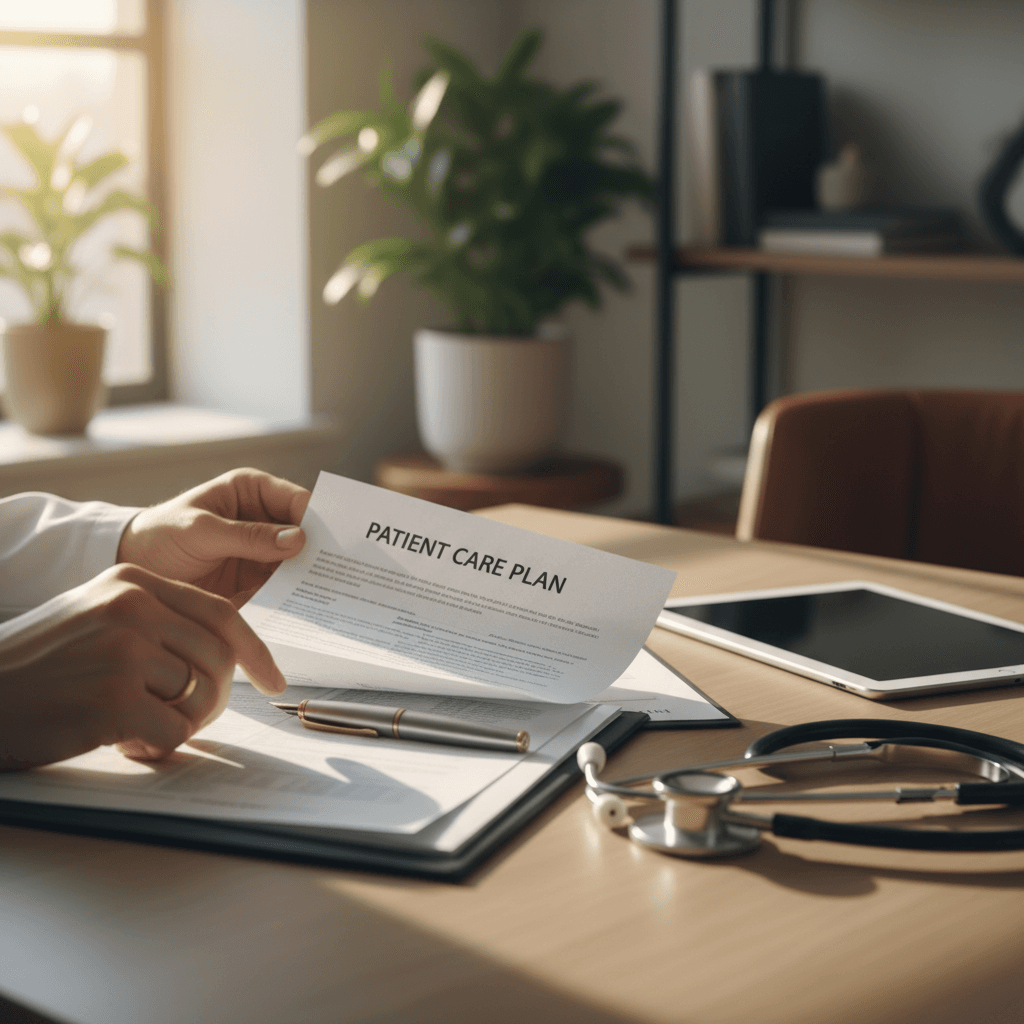 Physician reviewing patient medical records and care documentation