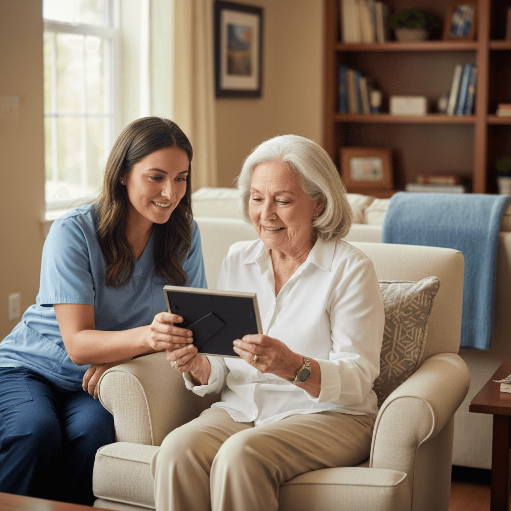 Senior engaged in activity at a memory care community