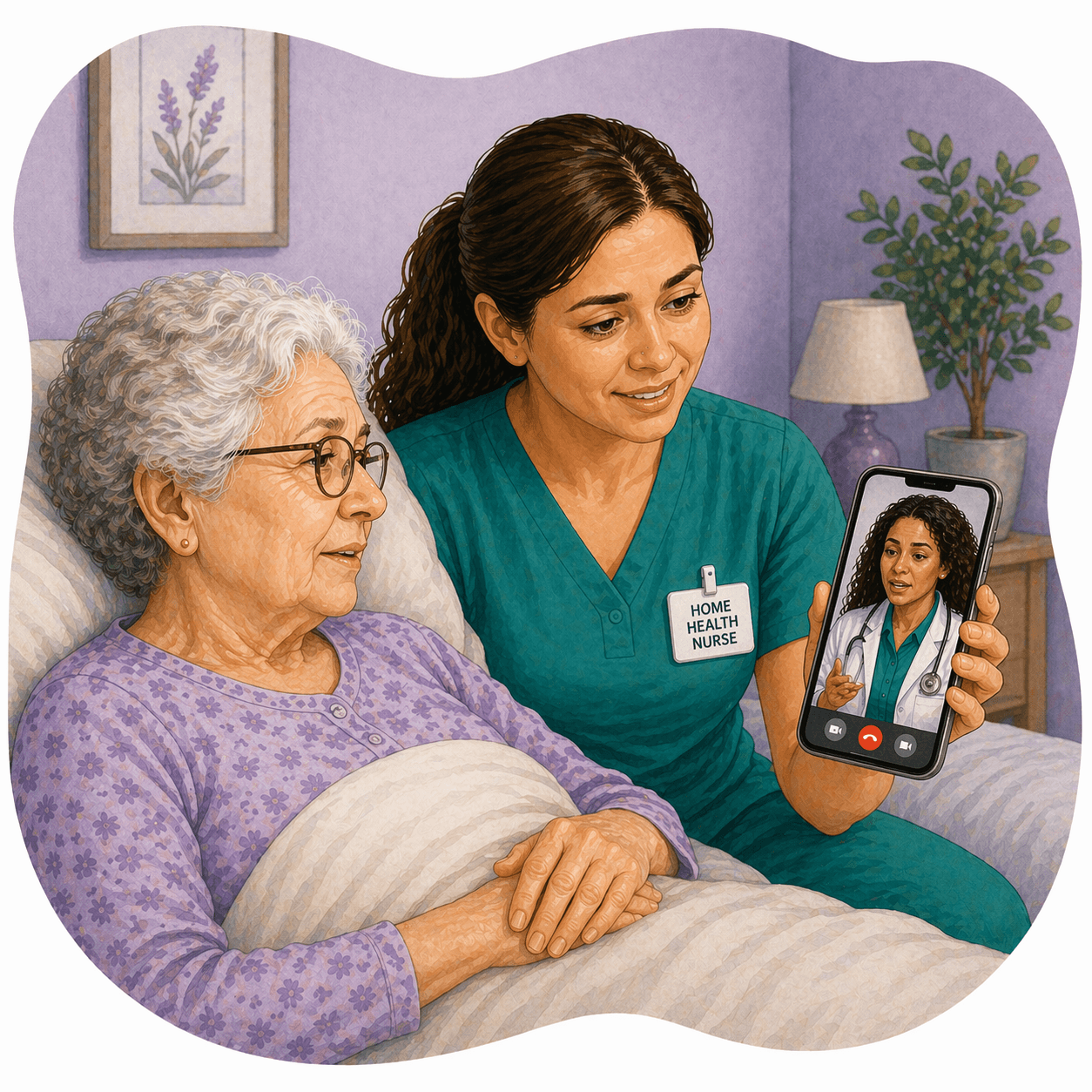 Home health nurse facilitates a telehealth video call for an elderly patient in bed.