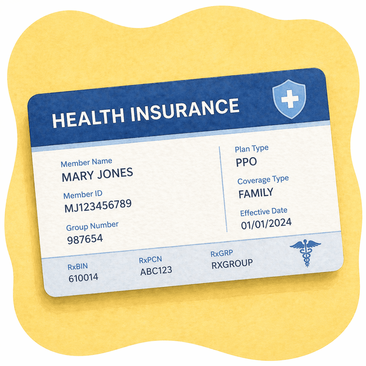 Blue health insurance card for Mary Jones showing member ID, PPO plan, and family coverage.