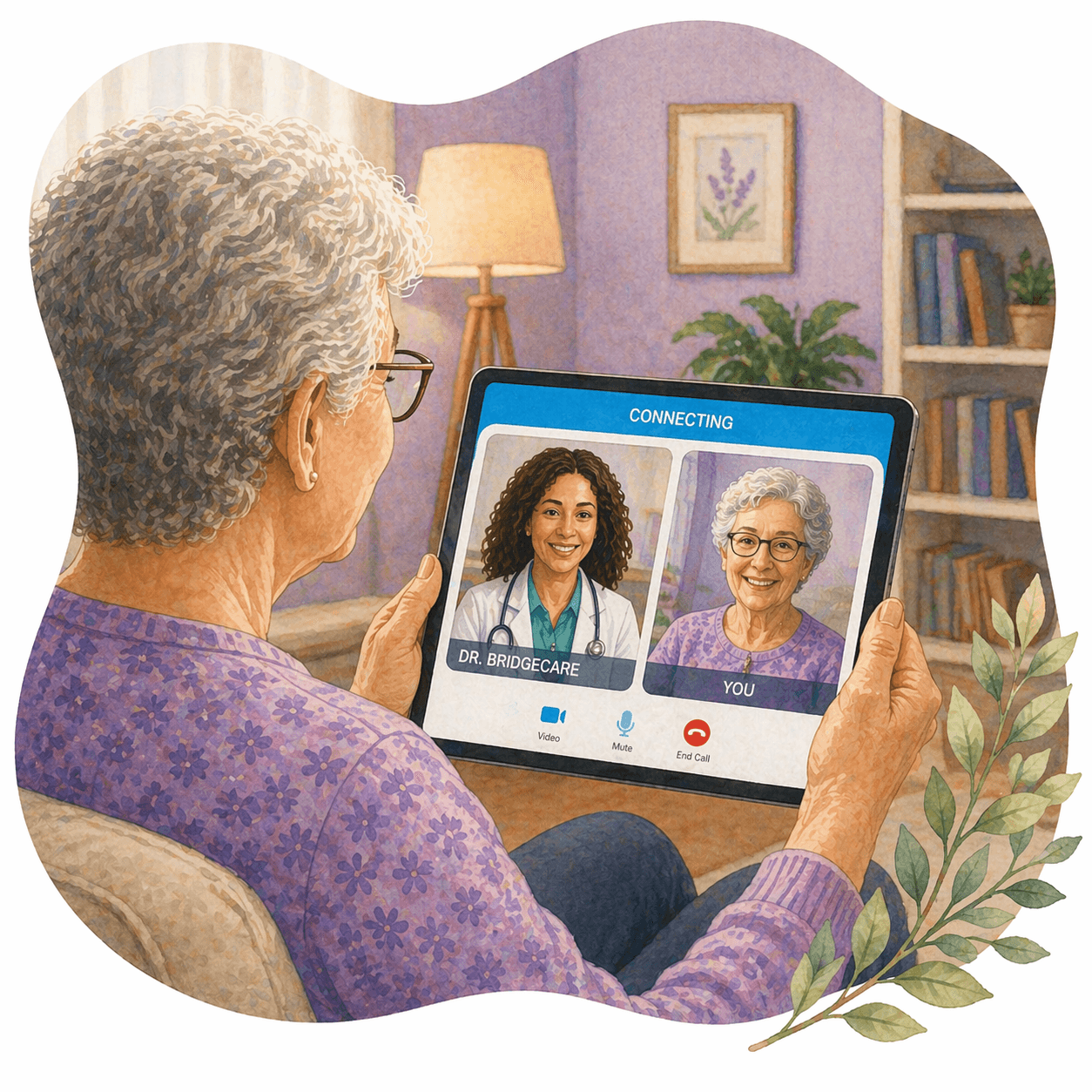 Senior woman using a tablet for a telehealth call with a smiling female doctor.