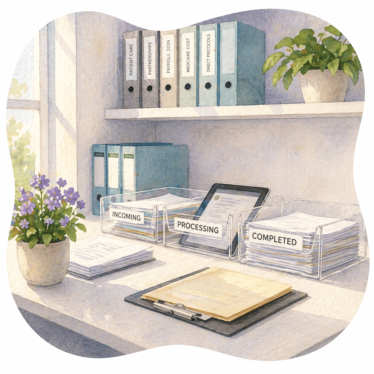 Watercolor illustration of a tidy desk with incoming, processing, and completed document trays and binders.