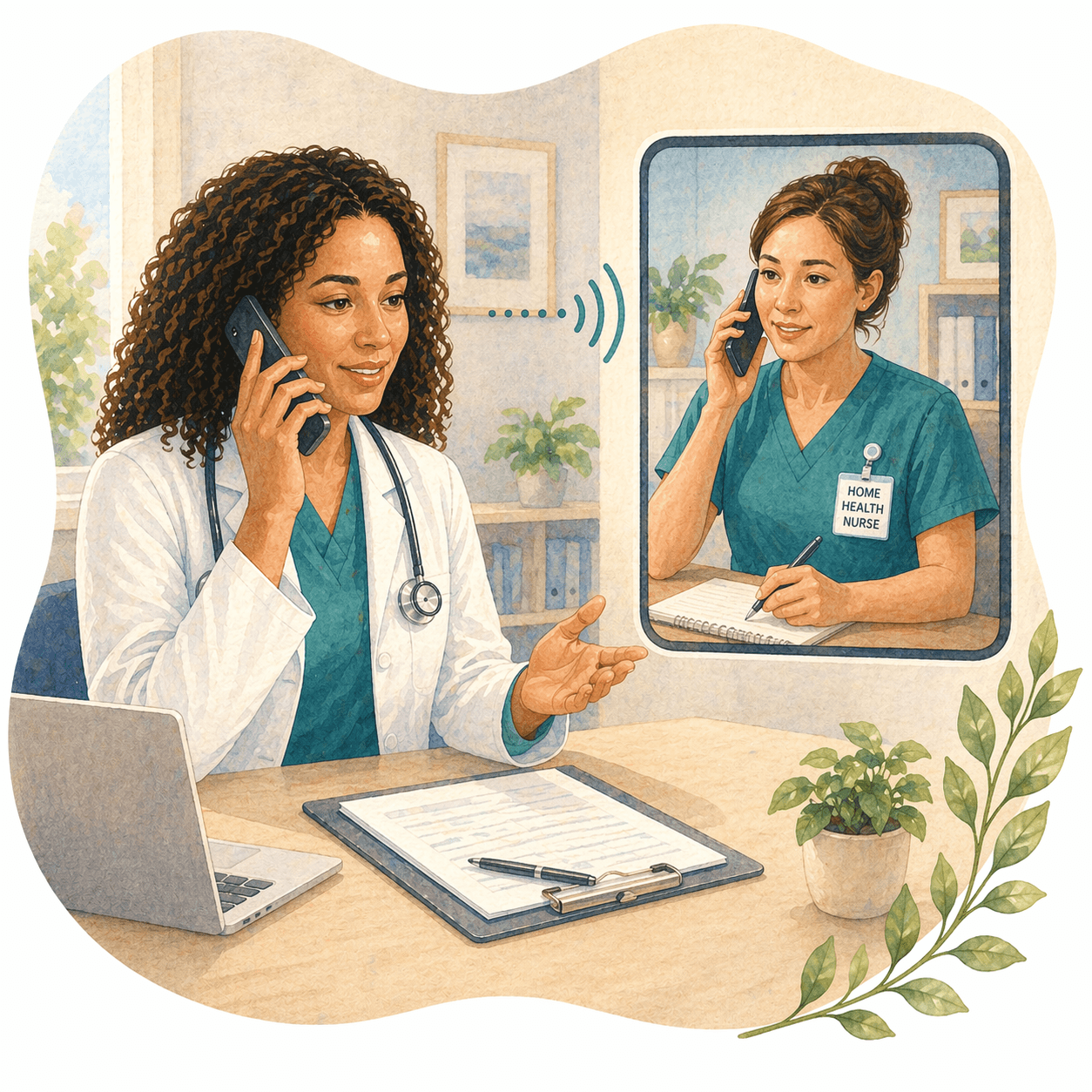 Doctor in white coat on phone coordinating with a home health nurse taking notes.