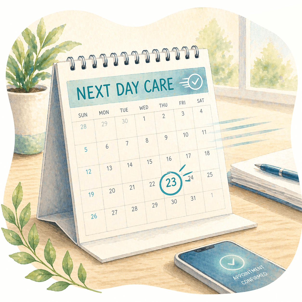 Watercolor desk calendar with Next Day Care header and circled date beside confirmed appointment.