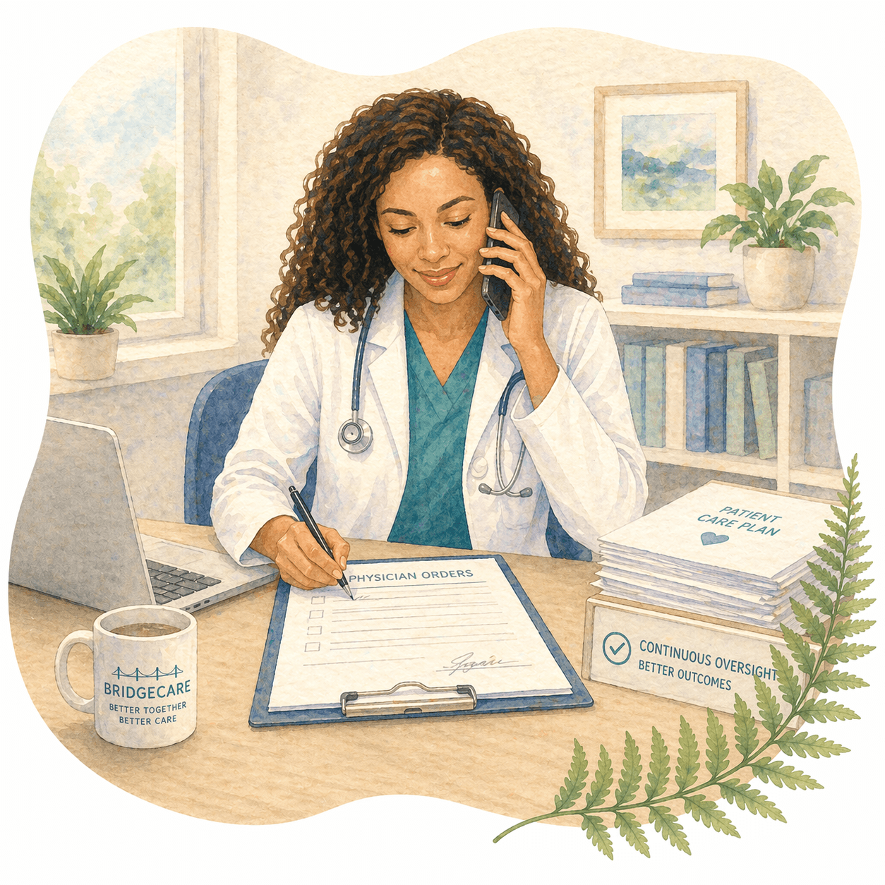 Female doctor on a phone call writing physician orders at a desk, watercolor illustration.
