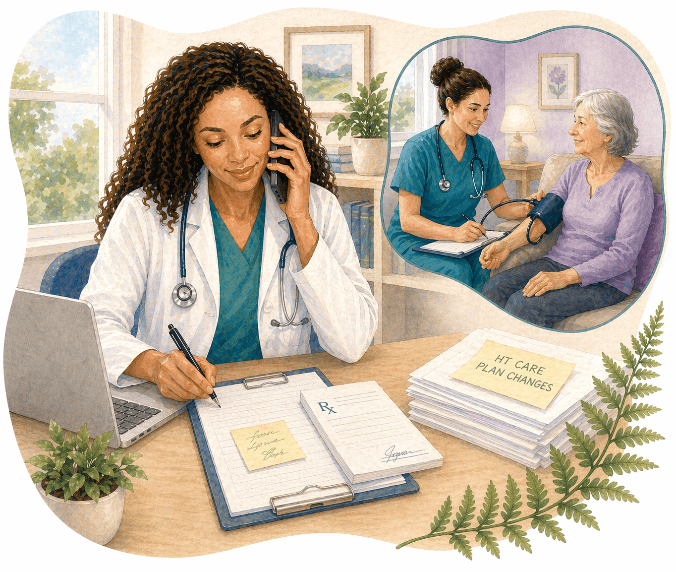 Doctor on a call writing notes while a nurse checks an elderly patient's blood pressure.