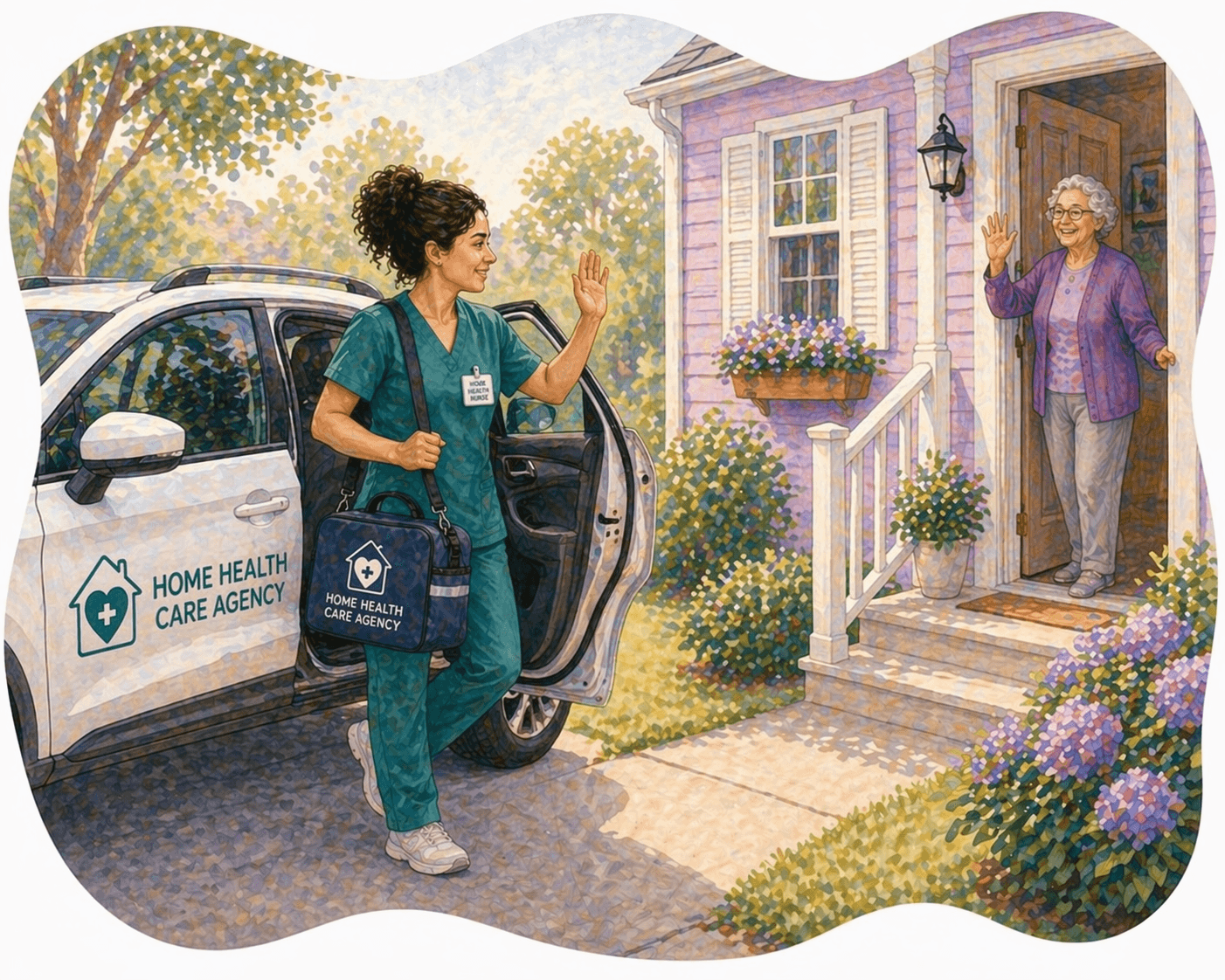 Home health nurse in scrubs waves to a smiling elderly woman at her front door.