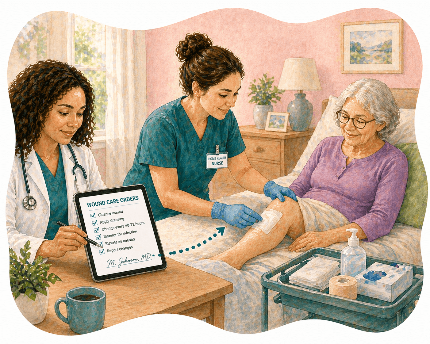 Home health nurse bandages an elderly woman's leg while a doctor shows digital care orders.