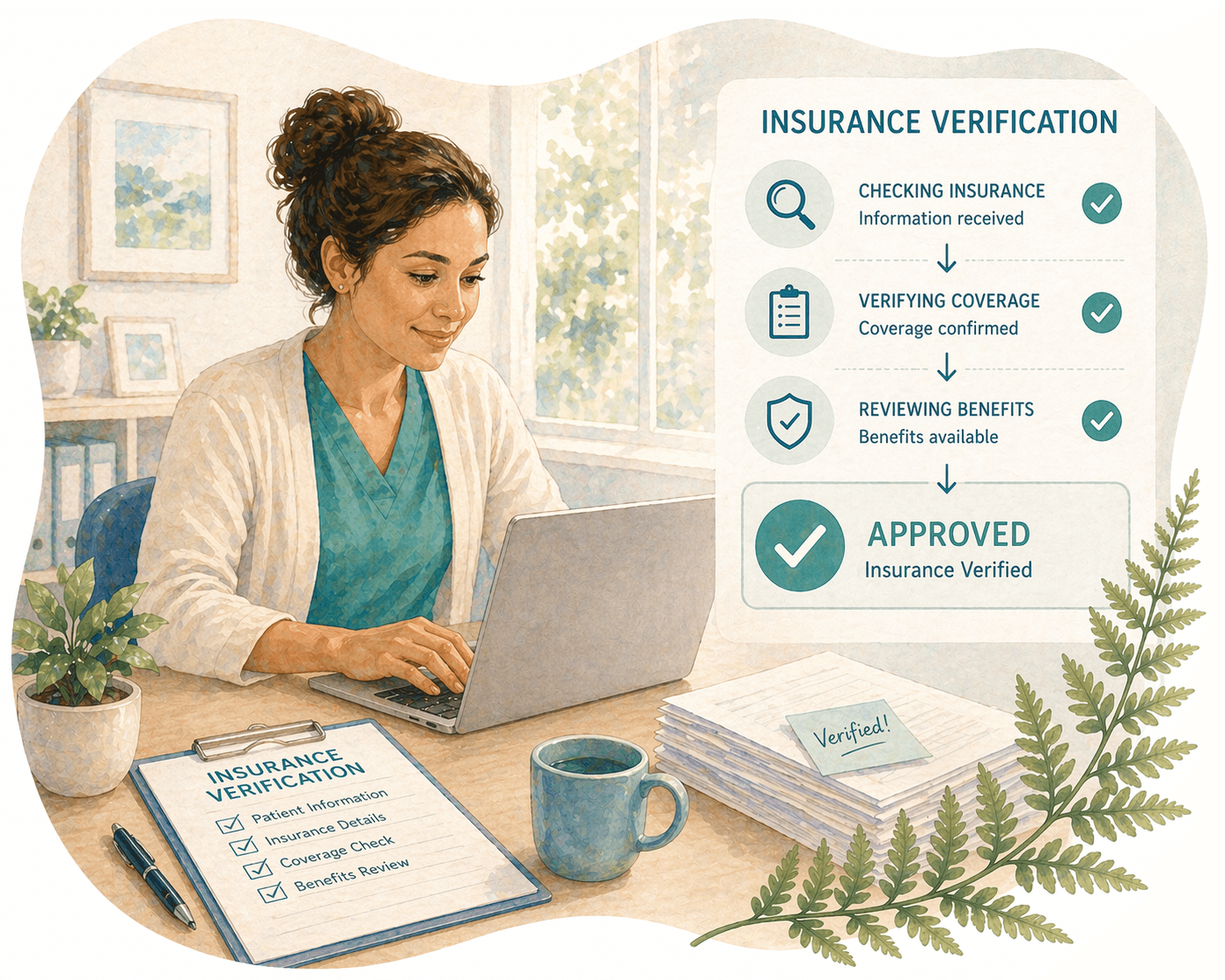 Healthcare professional uses a laptop beside an infographic detailing the insurance verification process.