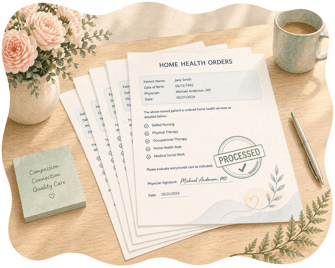 Home health orders stamped processed on a desk with flowers, a pen, and coffee.