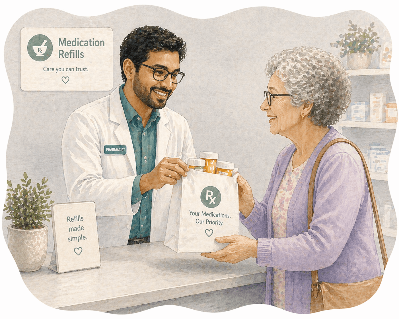 Smiling male pharmacist hands a bag of medication to an older woman at a pharmacy.
