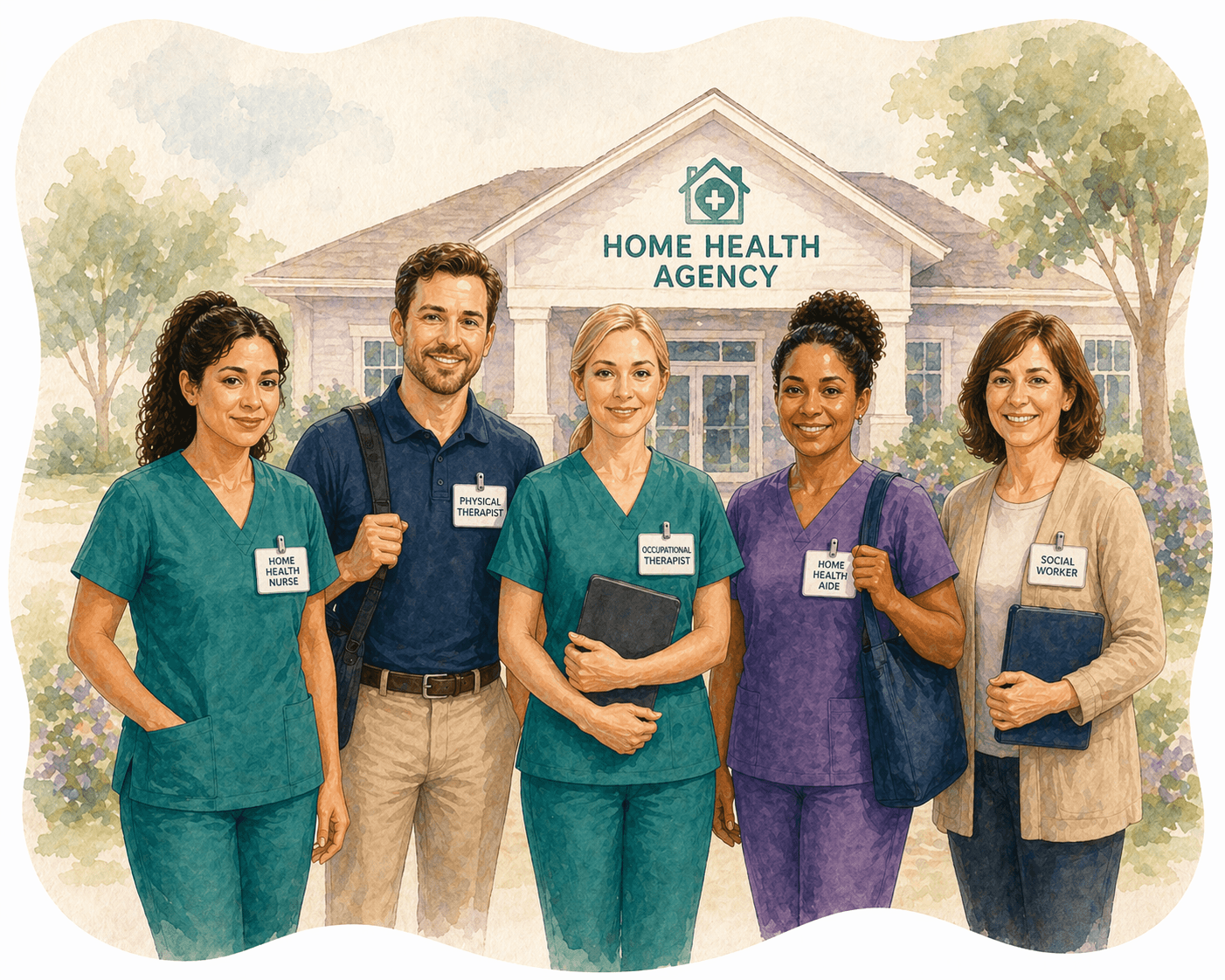 Five smiling home health professionals standing together in front of a Home Health Agency.