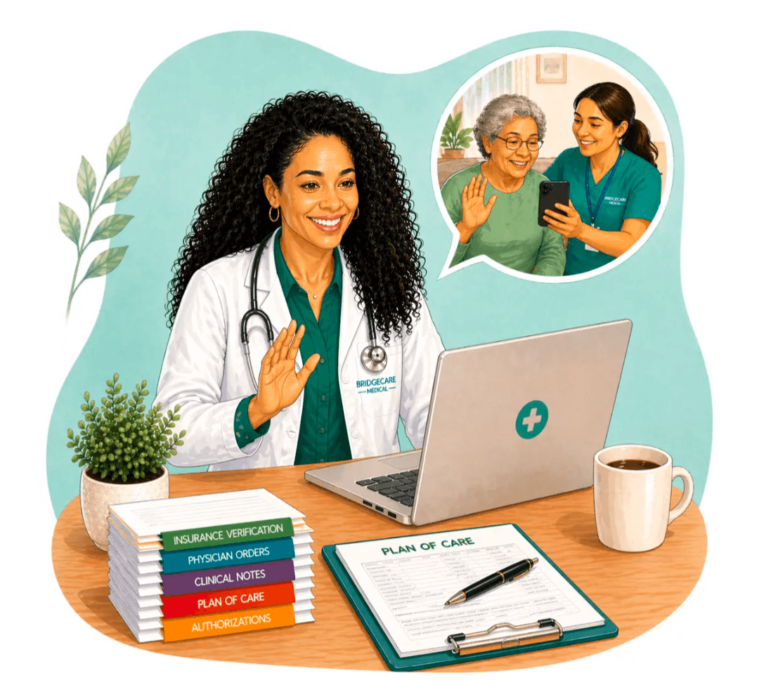 Smiling doctor waving at a laptop during a telehealth call with a patient and caregiver.