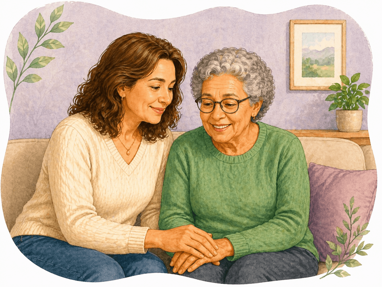 Watercolor illustration of a younger woman and an older woman smiling and holding hands.