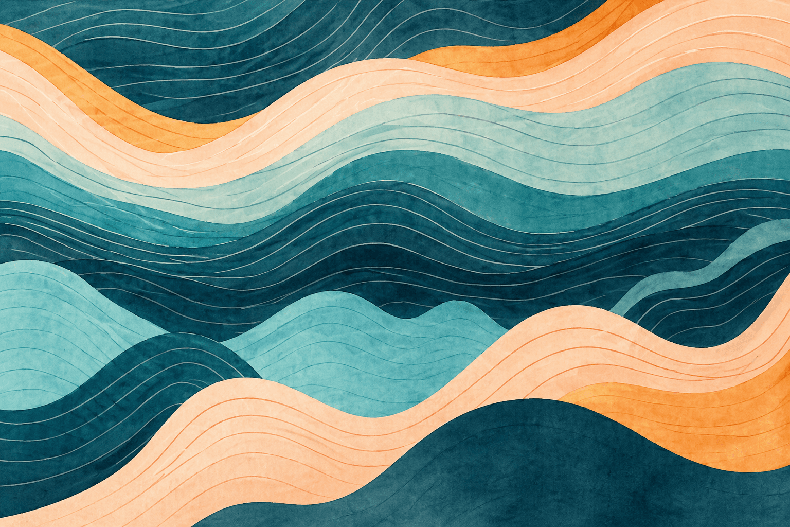Abstract flowing waves in shades of teal, navy, and orange with a textured watercolor effect.