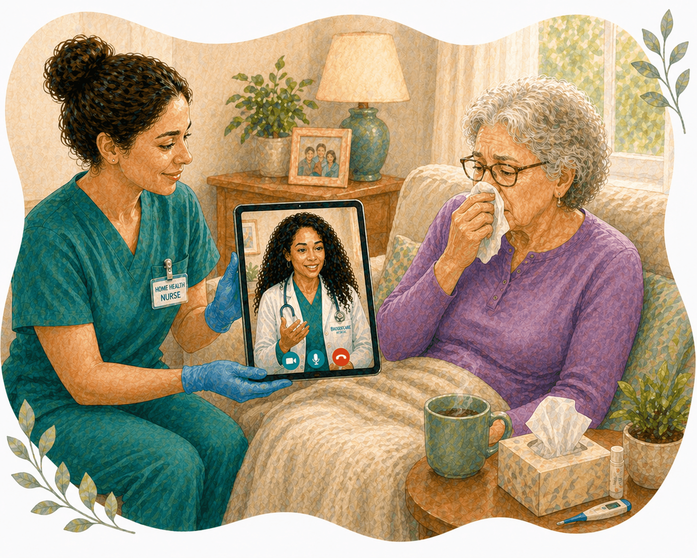 Home health nurse facilitates a telehealth video call for a sick elderly woman via tablet.