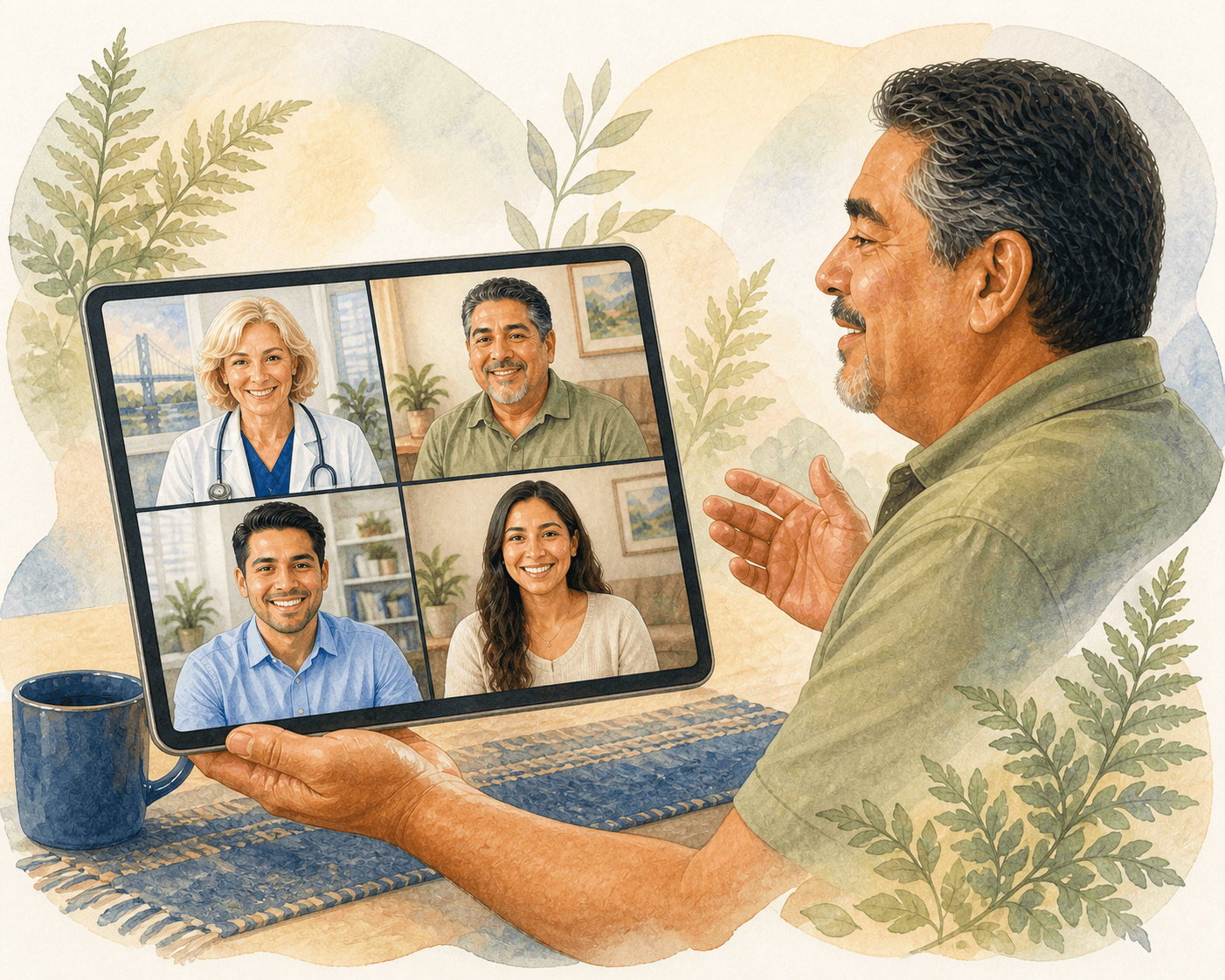 Watercolor illustration of a man gesturing during a video call with a doctor and family.