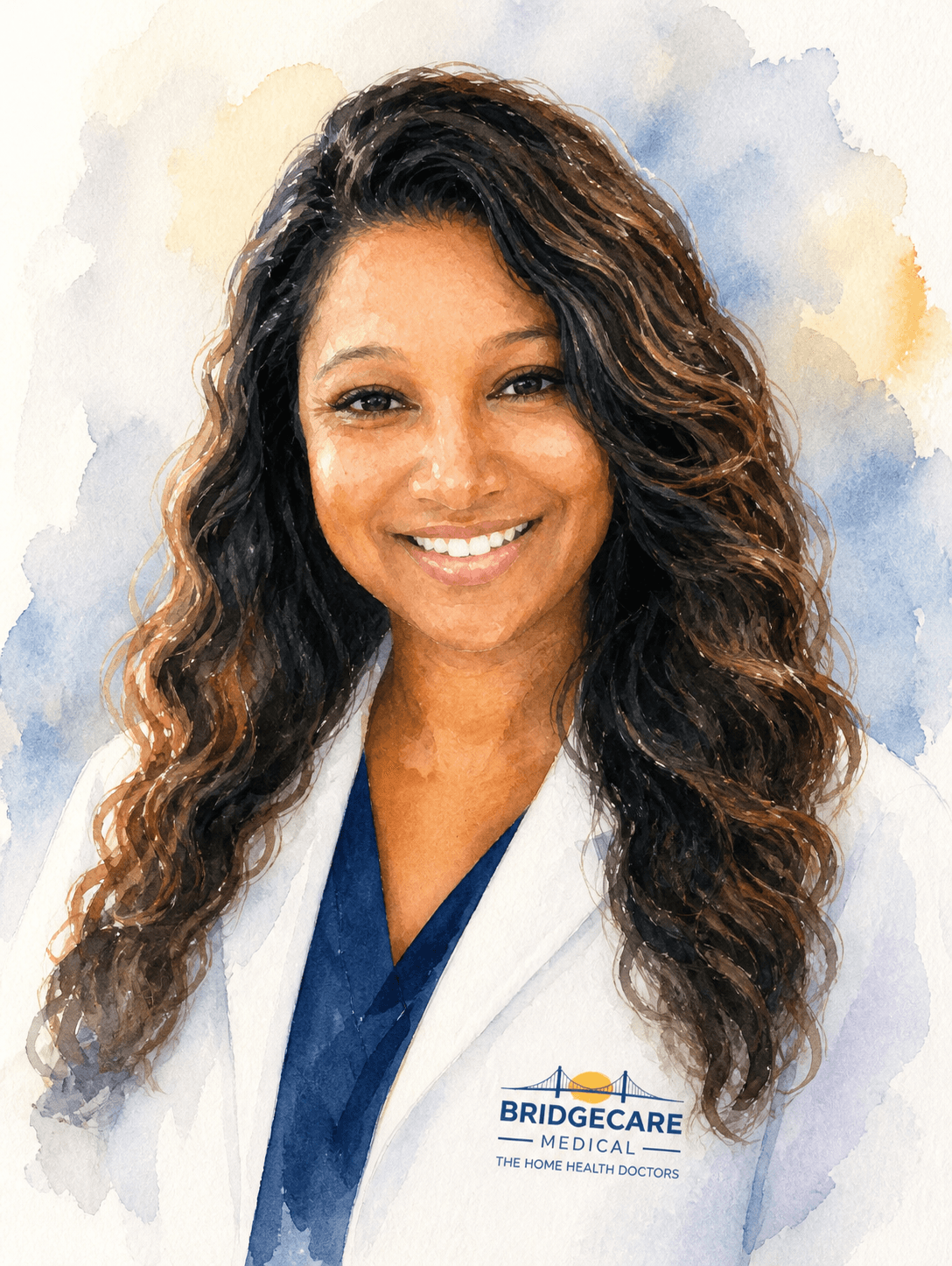 Watercolor portrait of a smiling female doctor with long wavy hair wearing a white lab coat.
