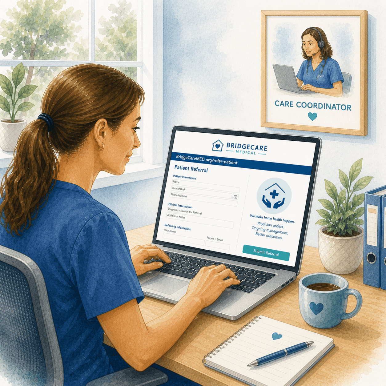 Woman in blue scrubs fills out a BridgeCare Medical patient referral form on a laptop.