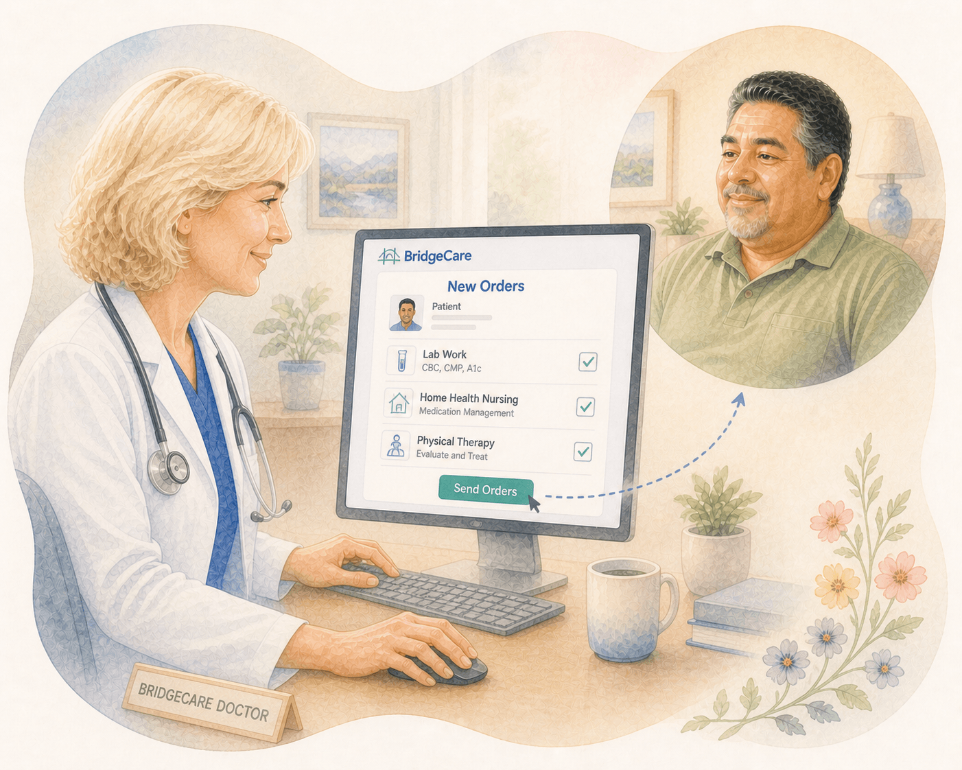 Female doctor sending digital medical orders to a patient using the BridgeCare platform.