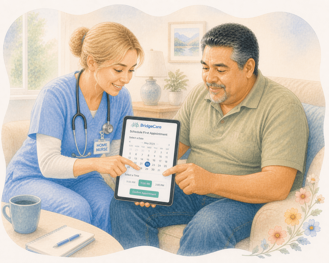 A home nurse and patient use a tablet to schedule a BridgeCare appointment together.