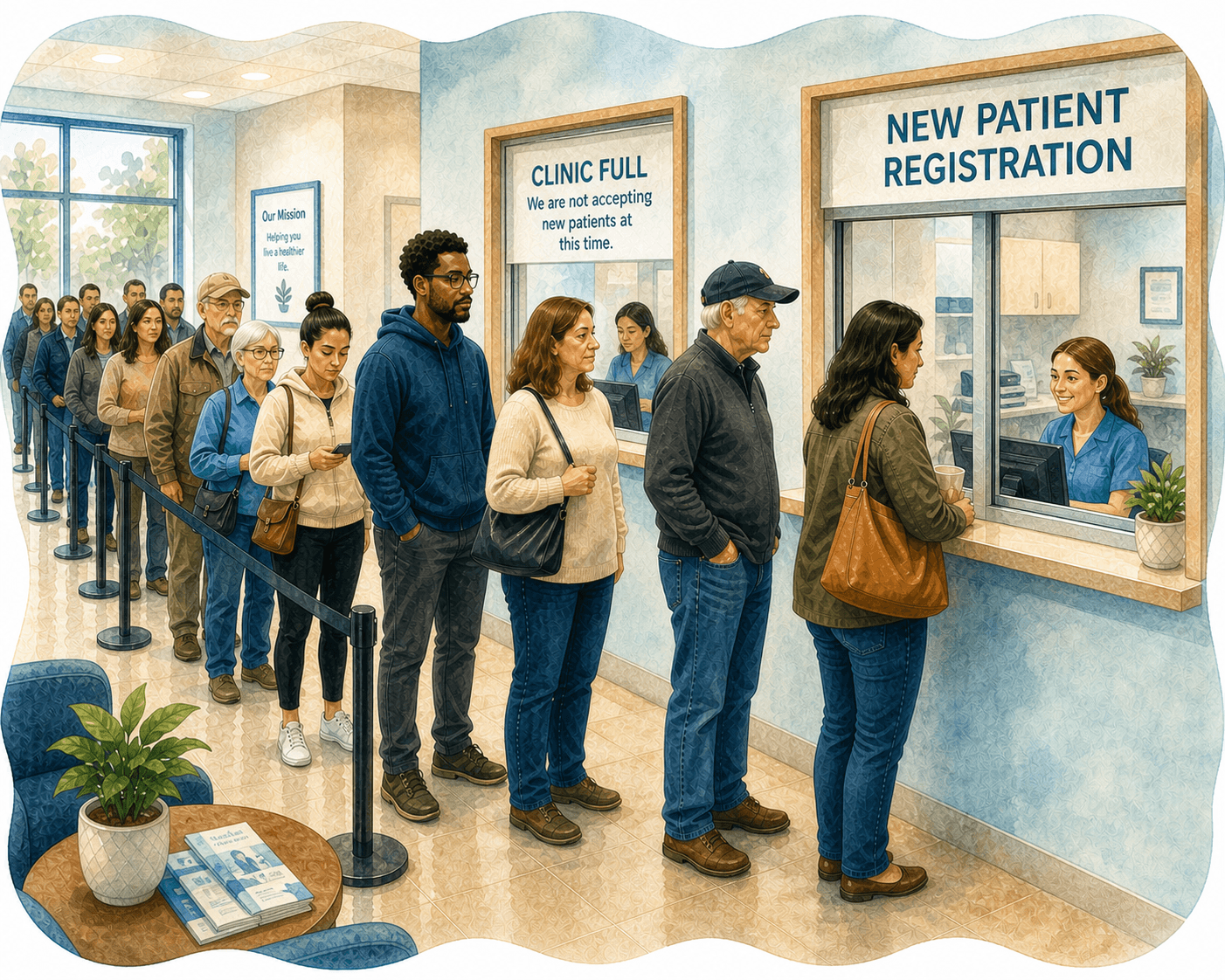 Diverse people queue at a clinic registration window next to a "Clinic Full" sign.