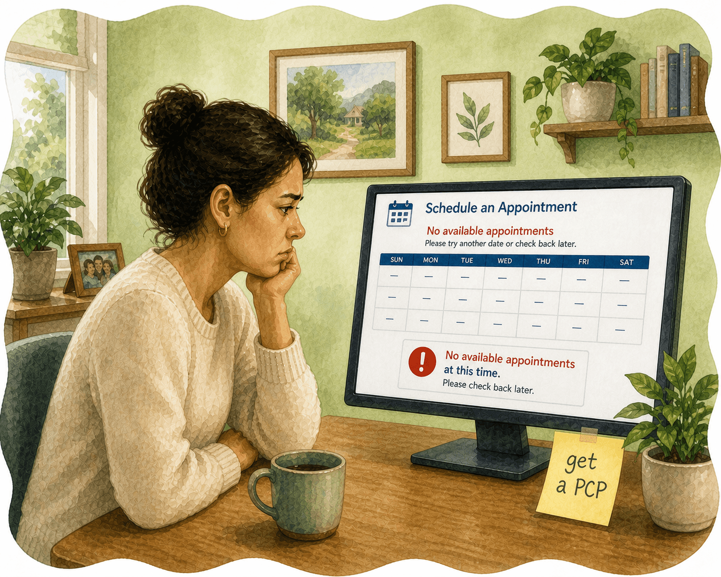 Frustrated woman at her desk looking at a computer screen showing no available medical appointments.