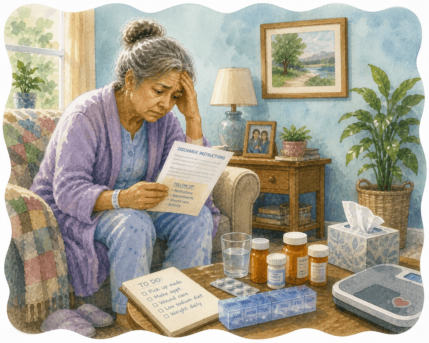 Overwhelmed elderly woman reading discharge instructions surrounded by pill bottles and a medical checklist.