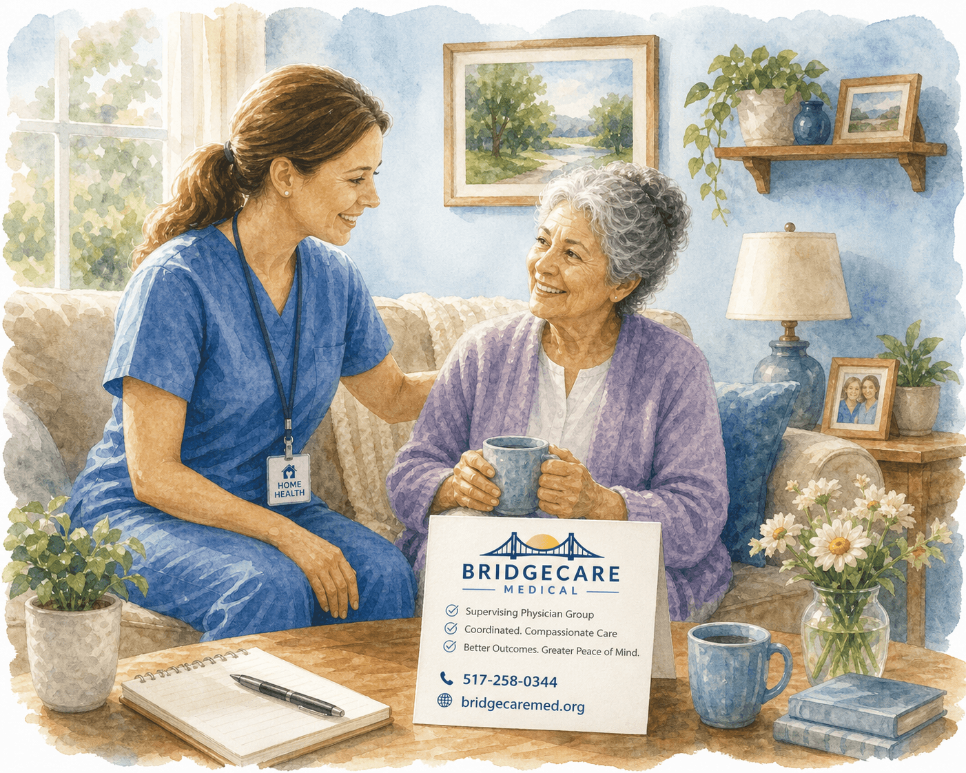 Watercolor of a home health nurse smiling at an elderly woman in a cozy home.