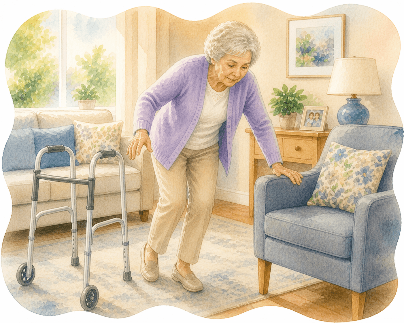 Elderly woman in a purple cardigan using a blue armchair for support near her walker.