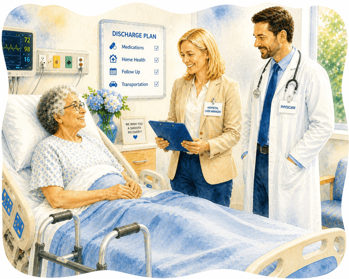 Physician and case manager review a discharge plan with a smiling elderly patient in bed.