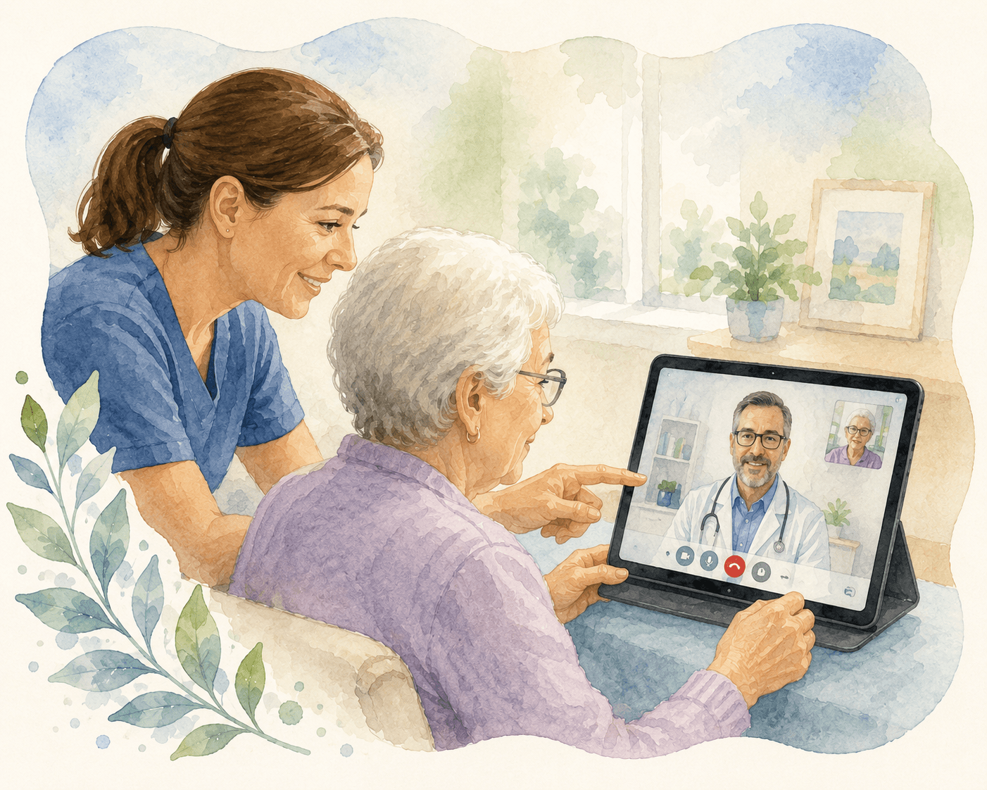 Elderly woman and nurse having a telehealth video consultation with a doctor on a tablet.