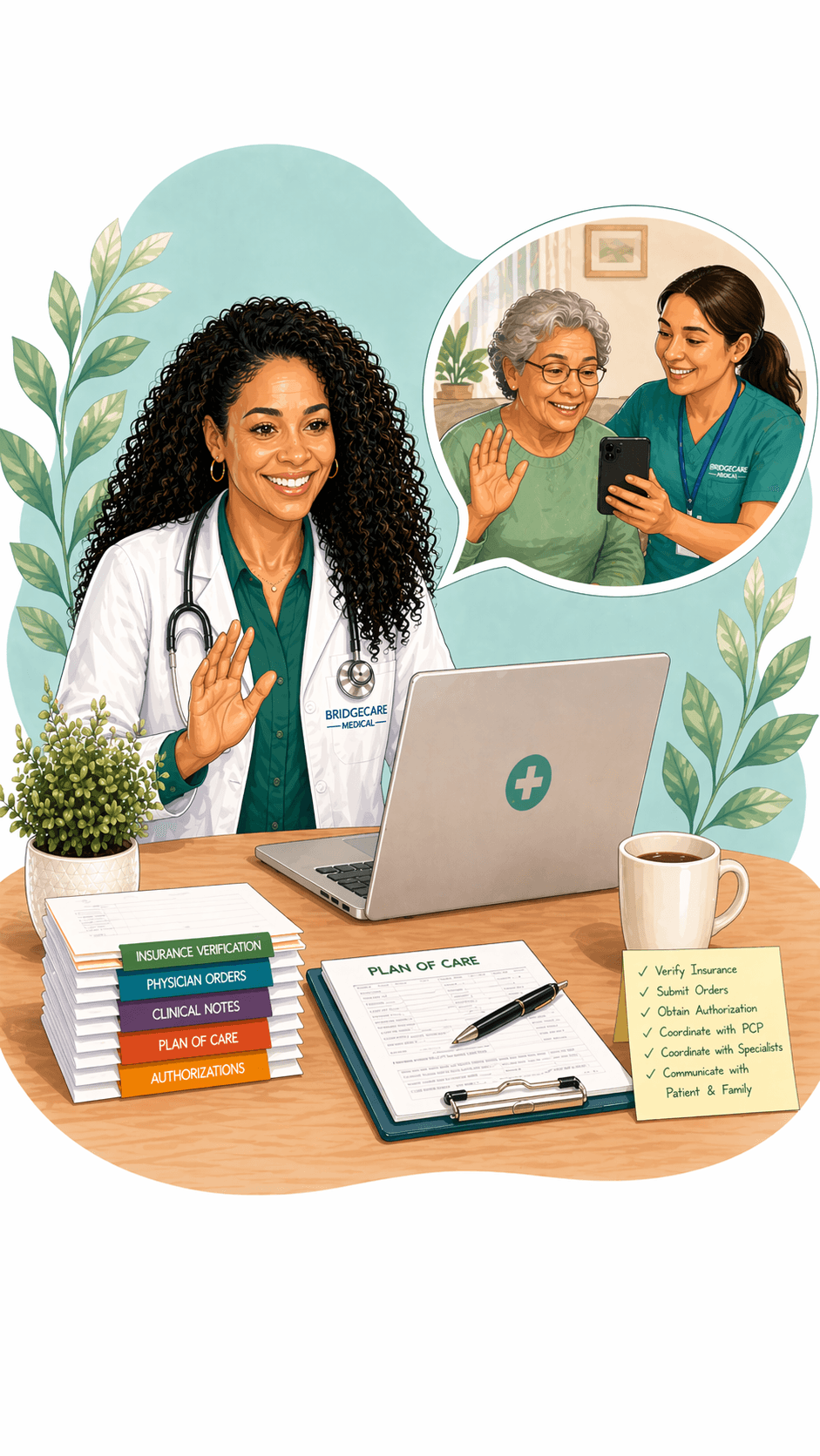 Doctor waving at a laptop, with a thought bubble showing a nurse and elderly patient.