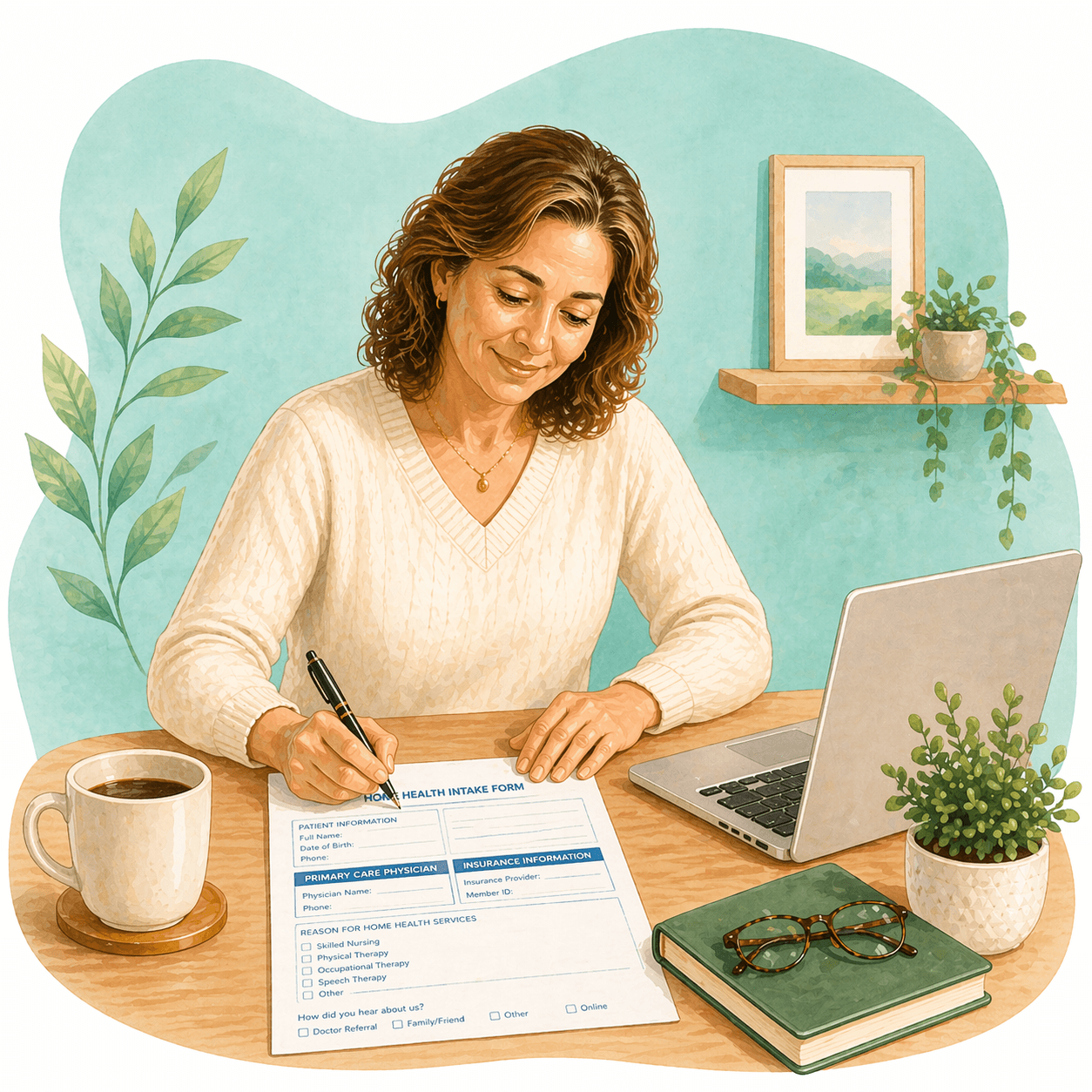 Smiling woman filling out a home health intake form at a desk with a laptop.