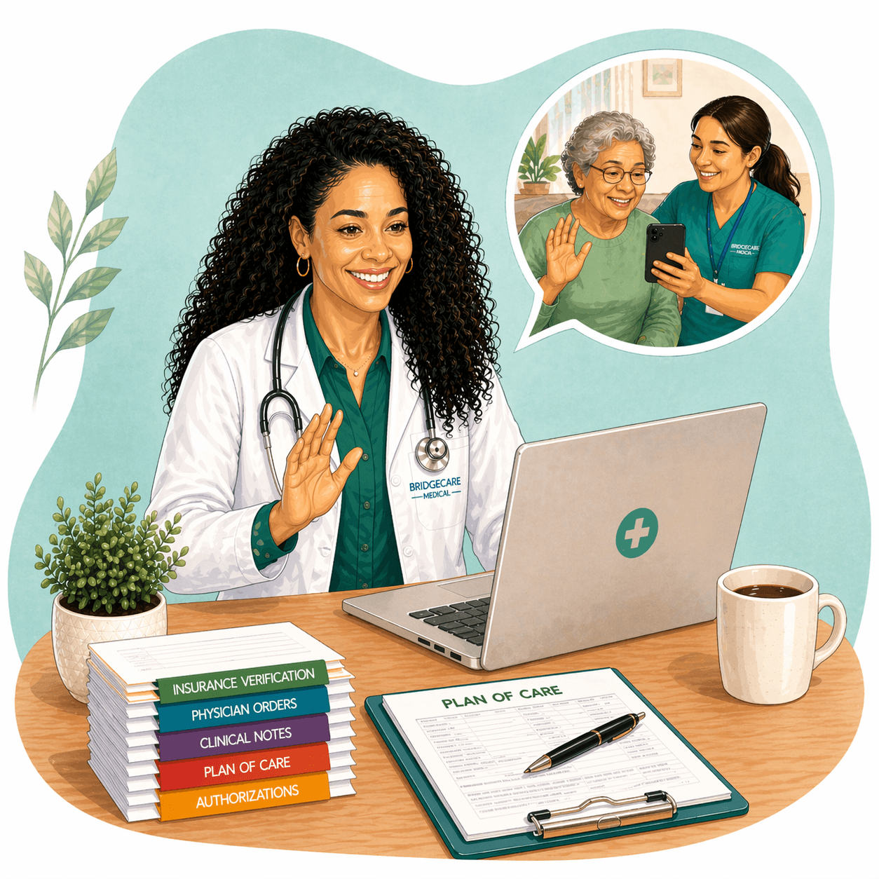 Doctor waving during a telehealth consultation with an elderly patient and caregiver via laptop.