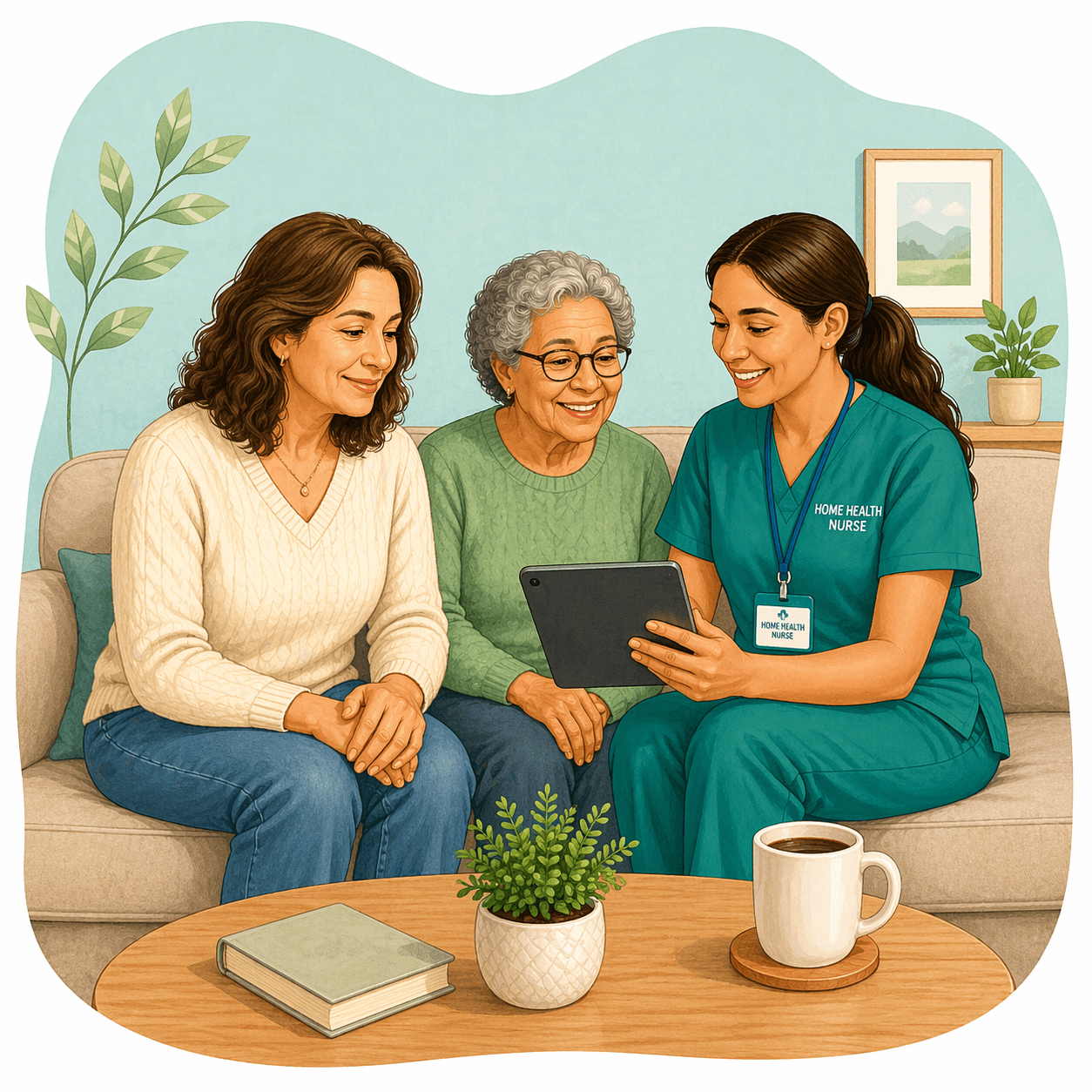 Home health nurse showing a tablet to an elderly woman and her daughter at home.
